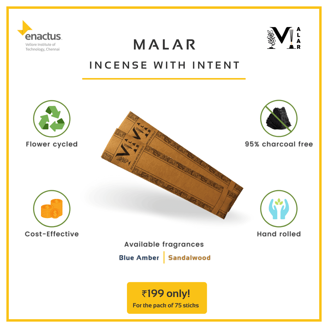 Malar Incense With Intent! Flower cycled, cost-effective, 95% charcoal free and hand rolled! Available in Blue Amber and Sandalwood fragrances, at ₹199 only (for a pack of 75 sticks)